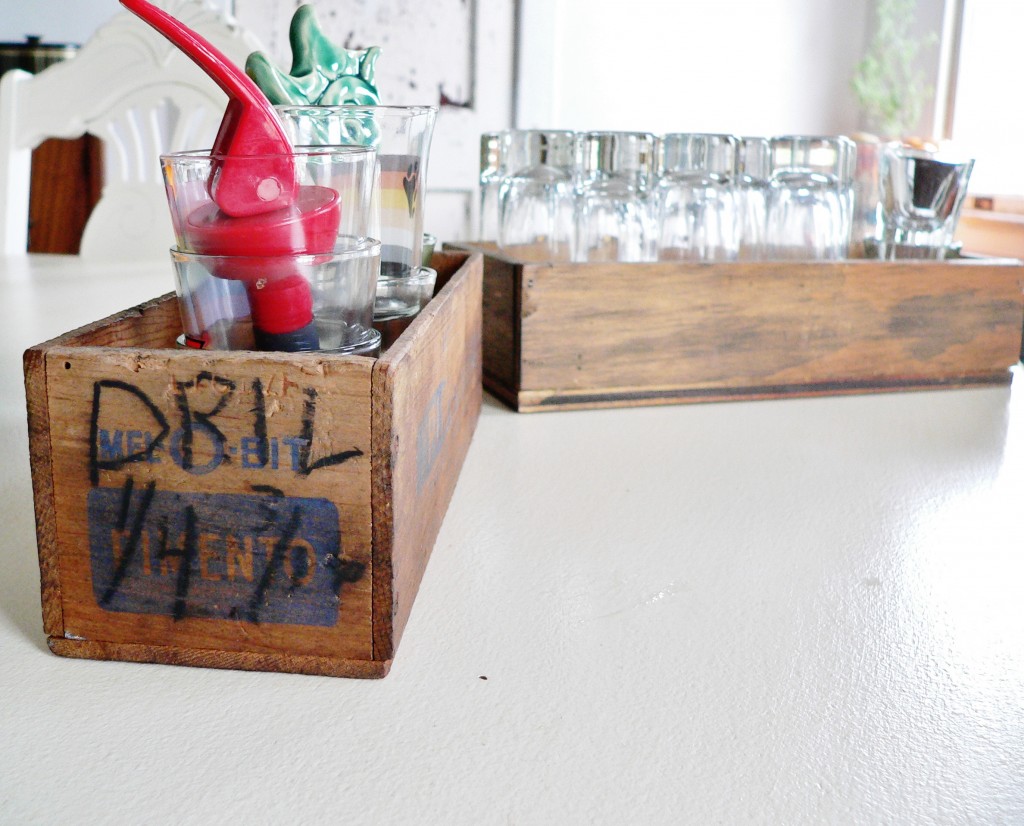 Pimento box turned drill bit box. This is one of my treasured boxes, because my paternal grandfather wrote the "Dril" scrawl. I found this after he died. And the other? Ever need a way to organize and easily transport those useful, but every so fussy, shot glasses? You're welcome.